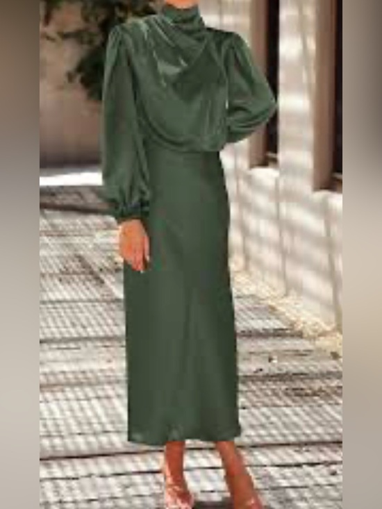 BTFBM Dresses & Skirts - Elegant High-Neck Long Sleeve Green Satin Maxi Dress size XL